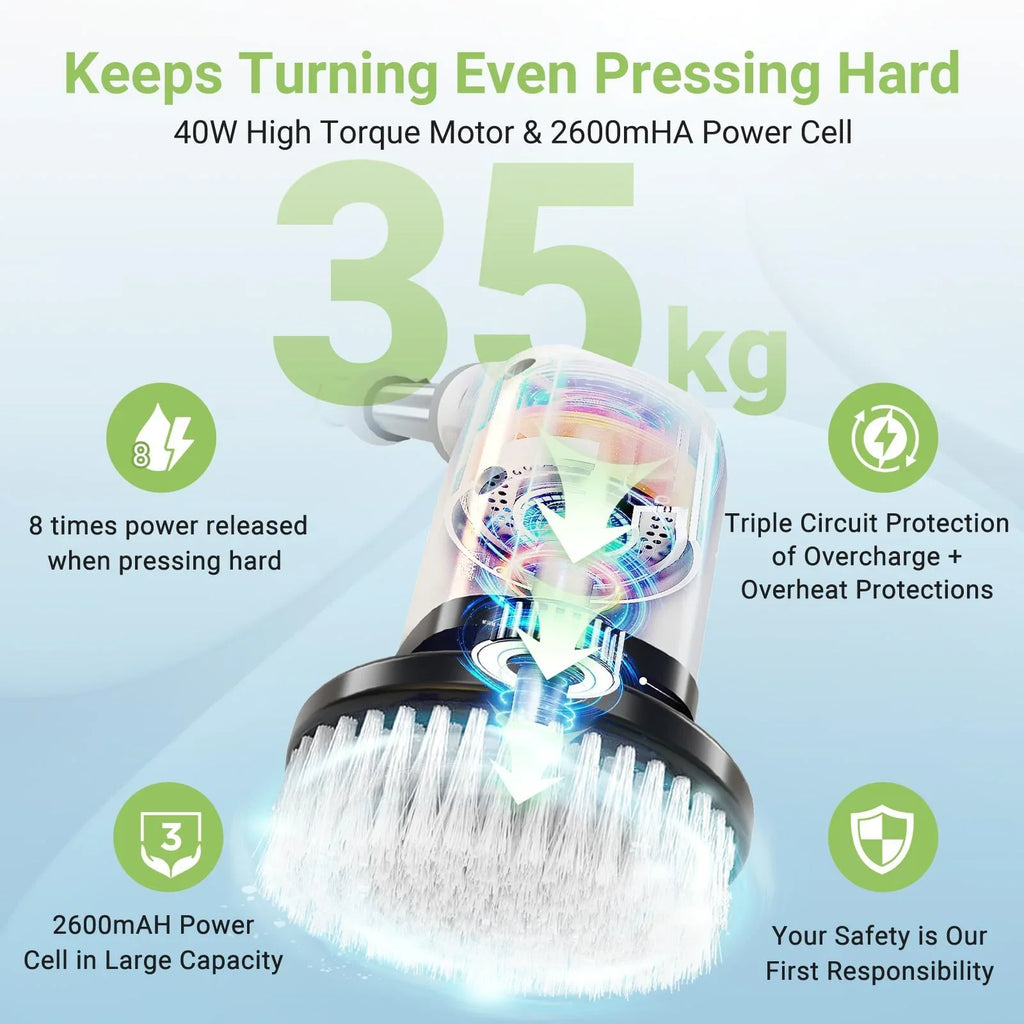 Cordless Electric Spin Scrubber with 8 Interchangeable Brush Heads and Extended Handle for Efficient Cleaning of Floors, Tiles, Bathrooms, and Tubs
