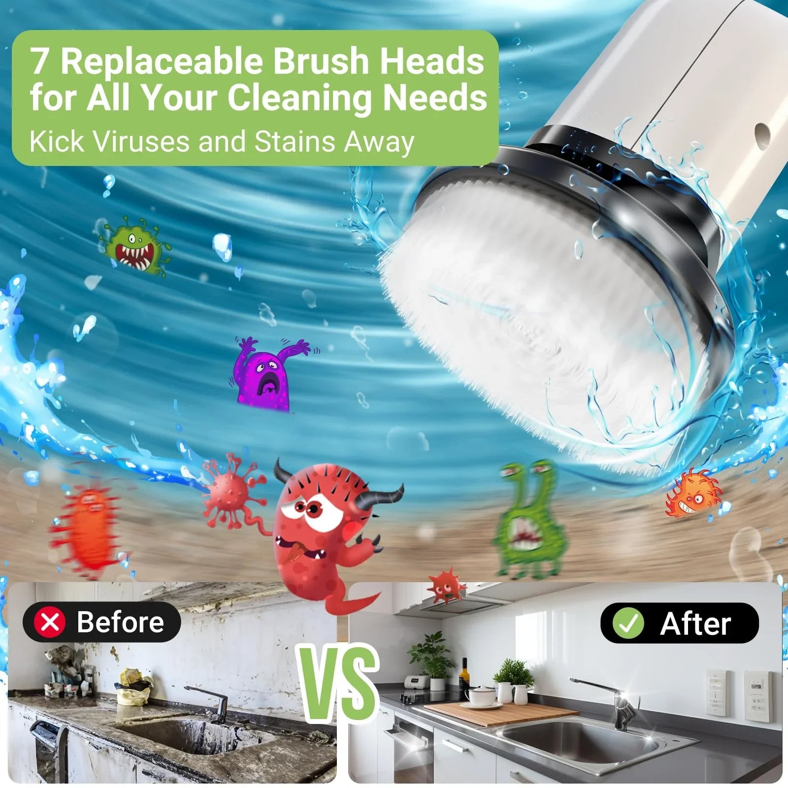 Cordless Electric Spin Scrubber with 8 Interchangeable Brush Heads and Extended Handle for Efficient Cleaning of Floors, Tiles, Bathrooms, and Tubs