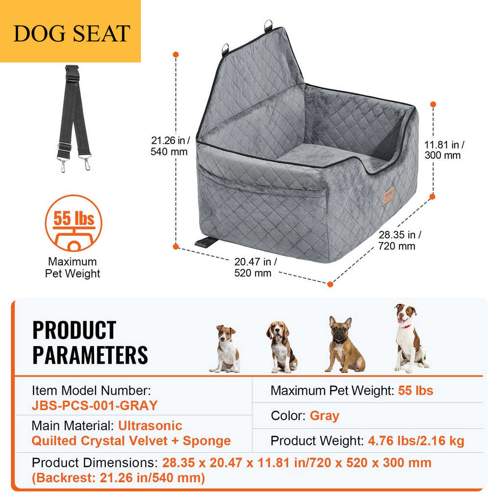 Premium Dog Booster Car Seat for Medium to Large Dogs up to 55 lbs - Gray