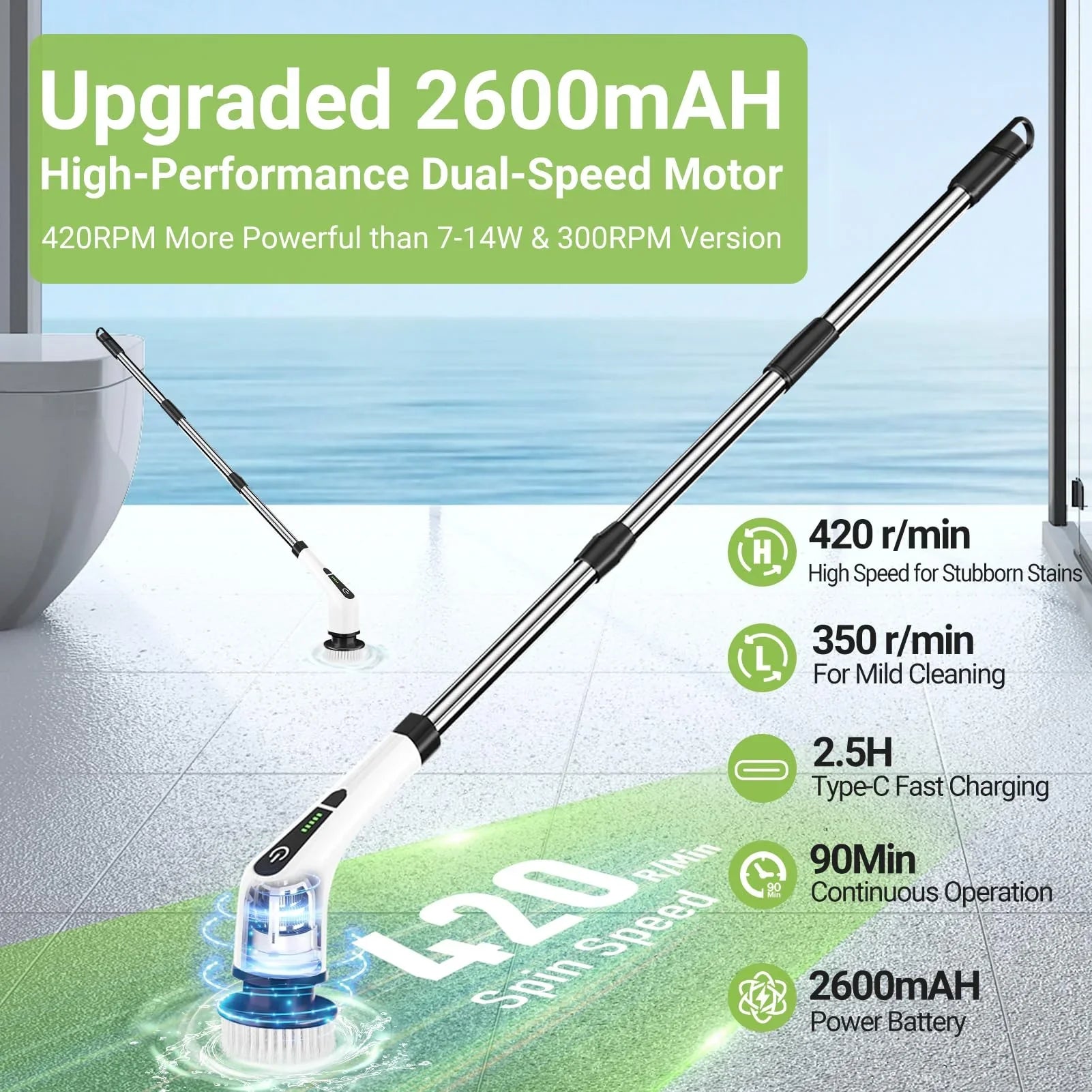 Cordless Electric Spin Scrubber with 8 Interchangeable Brush Heads and Extended Handle for Efficient Cleaning of Floors, Tiles, Bathrooms, and Tubs